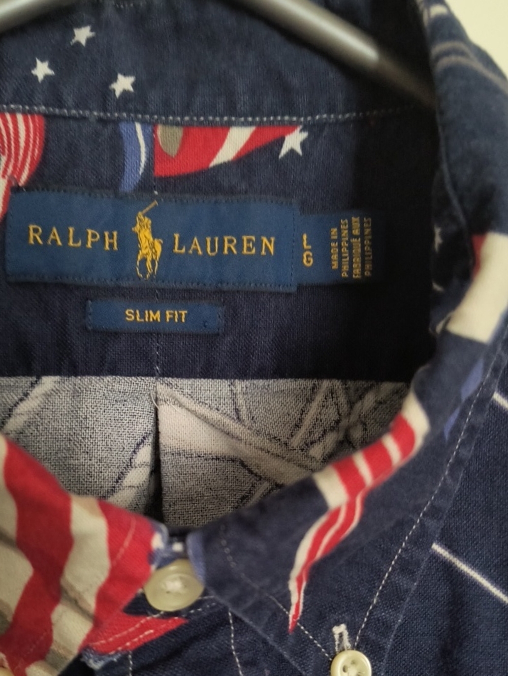 Ralph Lauren Men's L Navy Button-Down Shirt with Red, White & Blue USAFlag Motif - Picture 2 of 4